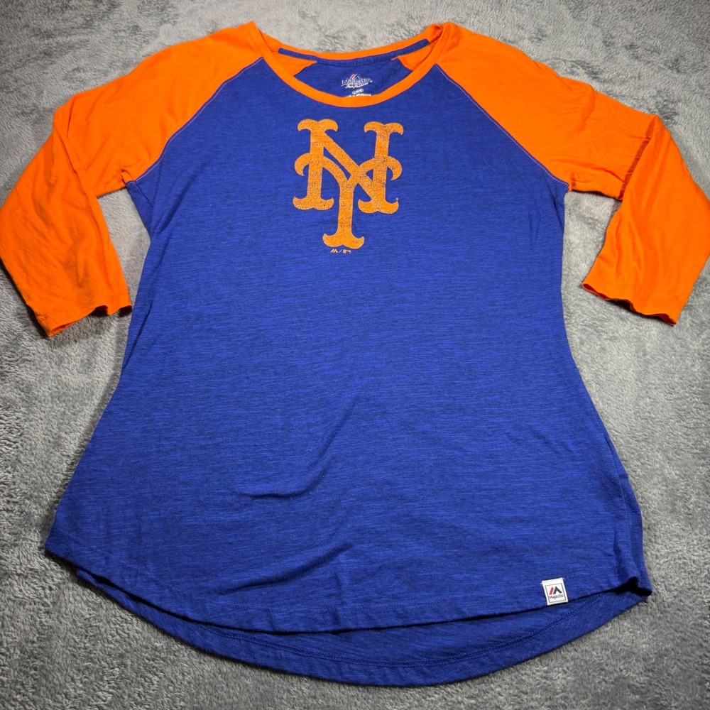 Majestic New York Mets Raglan 3/4 Sleeve Baseball Tee Blue Orange Womens Large